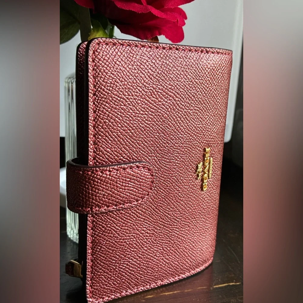 COACH Metallic Rose Pink Textured Leather Wallet with Gold Logo